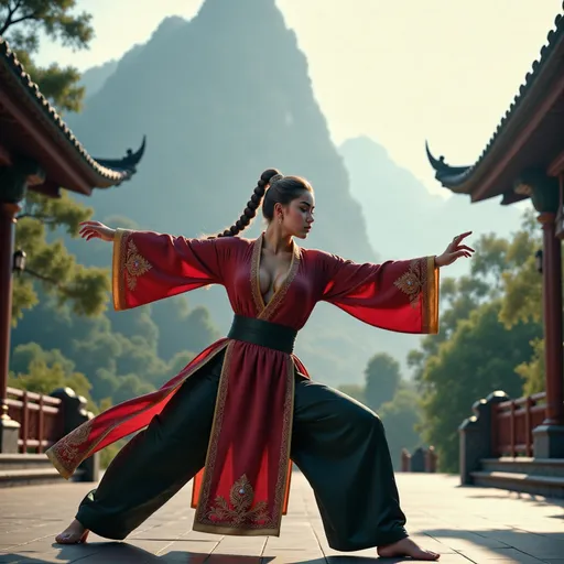 Prompt: )A young martial arts woman  practicing kung fu in the courtyard of an ancient temple, high in the misty mountains.