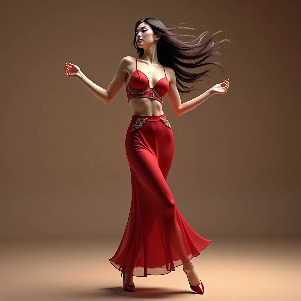 Prompt: Full body of a woman dancing,
AI defined exquisitely beautiful, totally ultra realistic young adult Chinese, gorgeously detailed facial features, charming curves, ultra glamorous, perfect shading, impeccable contrast, HDR, UHD, high res, 64k

