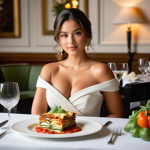 Prompt: a beautifully plated baked vegetable lasagna, served on a Michelin three-star restaurant table. The dish features perfectly layered eggplant, zucchini, and bell peppers, with rich tomato sauce and bubbling melted mozzarella cheese, forming a golden brown crust. Beside the plate, a tall glass of vibrant tropical fruit juice with condensation sits elegantly. Across the table, a distinguished noblewoman in formal attire is seated, poised and ready to dine. She exudes grace and sophistication, with refined posture and an air of quiet elegance. The table setting includes crystal glassware, polished silverware, and a crisp white tablecloth, bathed in soft natural light that enhances the luxurious dining ambiance. 