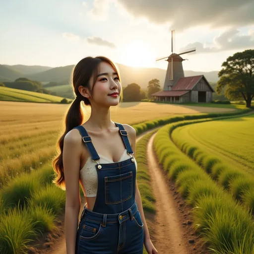 Prompt: (countryside farm ultra realistic photo), vibrant and lush landscape, open fields with warm sunlight casting long shadows, rustic barn and windmill in the background, rich greens and golden hues, idyllic and pastoral atmosphere, ultra-detailed texture, serene mood evoking a peaceful rural life, masterpiece capturing the essence of farming tranquility. And a young woman (gorgeously detailed facial features) wearing navy blue overalls Walking on the trail and singing happily 

splash art, hyper detailed, ultra realistic, highly detailed, surreal heavy mist, 
 
Perfect studio lighting, perfect shading, impeccable contrast, HDR, UHD, high res, 64k  
