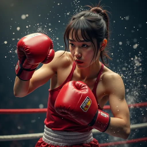 Prompt: 
A strong and muscular powerful female boxer(As AI defined exquisitely beautiful, 18-year-old Chinese woman ( gorgeously detailed facial features, perfect body proportions, ultra glamorous) in a red boxing outfit throws a fierce right uppercut, but her opponent in navy blue skillfully dodges with short hair , taking the match to another climax
Splash art, hyper detailed, ultra realistic, highly detailed, surreal heavy mist,

Perfect studio lighting, perfect shading, impeccable contrast, HDR, UHD, high res, 64k 

