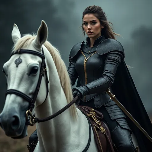 Prompt: A hot woman (badass medieval knight), (black armor), gripping sword in hand, rode a white horse inlaid with golden saddles. fierce expression, dramatic pose, intricate armor details, dark and moody color palette, cinematic lighting, highly detailed, stormy background, strong and powerful presence, evokes a sense of bravery and strength, captivating and intense atmosphere, ultra-detailed, 4K resolution, ready for battle. Full body view