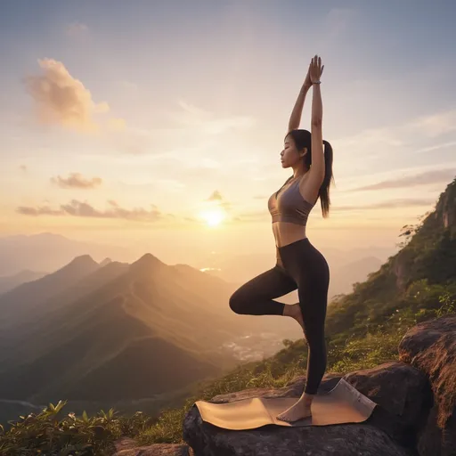 Prompt: A young, breathtakingly beautiful Taiwanese woman (ultra detailed )with a stunning figure
 Wearing professional yoga deep V-neck clothing on the top of a mountain doing yoga by stretching her body, with one leg in the sky high with beautiful sunset and a Golden aperture on her backside, soft and warm lighting 
Full body view. Ultra-realistic, cinematic style, 4K resolution, trending on ArtStation. Ultra detailed 

