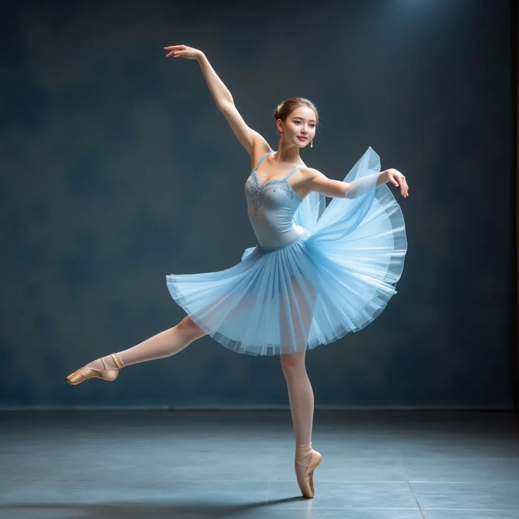 Prompt: A stunningly beautiful ballet dancer(A 18-year-old Caucasian girl, standing at 175 cm tall, with measurements of 110 cm, 65 cm, and 95 cm with flawless porcelain skin, perfectly symmetrical facial features, enchanting almond-shaped eyes, and a radiant smile. Her figure is impeccably proportioned), dressed in a light blue ballet costume, performed a flawless ‘Grand Jeté with backbend’ on stage, earning thunderous applause from the audience.
Splash art, hyper detailed, ultra realistic, highly detailed,
Perfect studio lighting, perfect shading, impeccable contrast, HDR, UHD, high res, 64k
