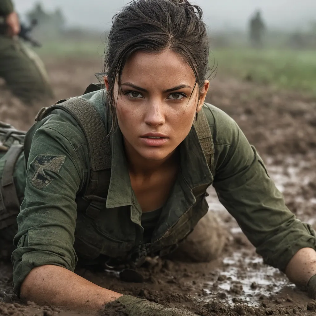 Prompt: Digital concept art, close up. On a muddy battlefield, a female mercenary(A young, stunningly beautiful female mercenary with a strong, well-proportioned, and powerful physique(dressed in a dark green crop top paired with deep green jeans and a pair of military boots.)) is crawling forward. While avoiding a hail of bullets in the midst of intense combat. Cautious face, full alert, depressing ambience, cloudy skies, intricate details, detailed face, detailed armor, delicate hair, detailed eyes, contrast shadow, dramatic lighting, hi res, UHD, 8K, 85mm lens, Sony A7R, bokeh. Warm lighting,  cinematic style

