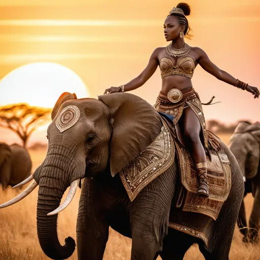 Prompt: (Close up view )On the vast African savanna at sunset, a majestic elephant king leads a massive herd of elephants, big and small, galloping across the plains. Riding atop the elephant king is a young, stunning beautiful, and muscular female warrior with a strong chest(intricately detailed ). She is dressed in a tribal, form-fitting leather battle dress, holding a spear in her hand. Her eyes are sharp and full of determination, exuding heroic spirit. The breathtaking scene is as awe-inspiring as a thousand galloping warhorses. Close up images 
fine detailed drawing, professional photo, HDR, UltraHD, a lot of details, pixel study, 3D, detail, photorealism, majestic, stunning, elegant, brillant, sumptuous, magnificent, Olympian, effulgent, refulgent, fantasy, lovely, epic, fairy, long hair, warrior, mystic, 
