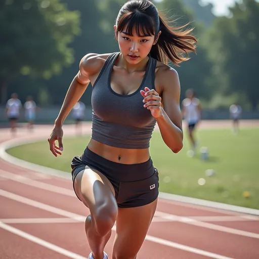 Prompt: ((Full-body side view, ultra-detailed) A young peerless Chinese beauty with an athletic figure
Wearing professional dark gray V-neck sportswear with dark gray high-waisted pressure shorts, Sprint to the finish line with all your strength on the straight track(ultra detailed). Her eyes are focused and sharp(ultra detailed). The whole body is soaked with sweat, and the sweat splashed because of the speed of the rush(ultra detailed), the whole picture shows the combination of strength, beauty and perseverance. And sweat all over the body and the sweat gushing out of the body(ultra detailed). Classical Hollywood cinematic style, soft and warm lighting.Ultra realistic images.
8k resolution, full HD
