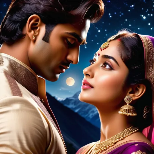 Prompt: A romantic Bollywood movie poster featuring a stunning young Indian couple under a breathtaking, starry mountain sky. The man, tall and handsome with chiseled features, wears a stylish sherwani or a modern suit, while the woman, elegantly dressed in a flowing saree or lehenga, radiates grace and beauty. They gaze into each other’s eyes with deep passion, as if entrusting their souls to one another for eternity. The background showcases a mesmerizing high-altitude landscape, with soft moonlight casting a magical glow over the misty peaks. The scene is infused with cinematic drama—wind gently lifting her dupatta, subtle golden light reflecting on their faces, and a dreamy Bollywood-style color palette with rich blues, purples, and warm golden hues. The poster design includes a dramatic movie title in stylized Hindi typography, with soft glowing effects and a touch of vintage Bollywood charm.