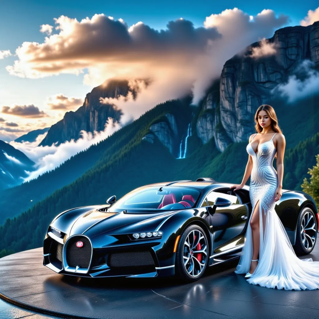 Prompt: (A close-up full car image)A black color Bugatti La Voiture Noire(Hyper intricate car body detail) displayed on a platform at the top of a high mountain, surrounded by misty clouds. There is a beautiful young woman(hyper intricate facial detail) wearing an ivory-white, sheer mermaid gown leaning gently next to the hood towards to the camera. The scene is illuminated by warm, golden light, creating a dramatic and enchanting atmosphere against the breathtaking mountain scenery