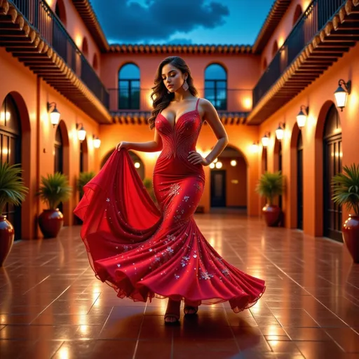 Prompt: (A close-up image)In the warmth of a twilight evening, a dancer(hyper intricate facial detail) dressed in a striking red flamenco gown whirls gracefully in a quaint courtyard setting. Her flowing dress swirls with every intense step and turn, capturing the essence of traditional Spanish dance. The rustic charm of the courtyard complements her fiery performance, with soft lighting casting golden hues that accentuate the dynamic movements of her dance. This compelling scene brings together the beauty of cultural expression and the timeless elegance of flamenco.
Hyper dynamic movement effect art
Splash art, hyper detailed, ultra realistic, highly detailed. Perfect studio lighting, perfect shading, impeccable contrast, HDR, UHD, high res, 64k
