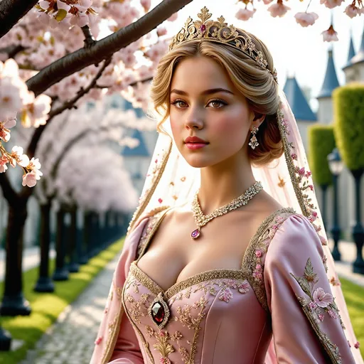 Prompt: A young and beautiful princess in medieval Europe, walking gracefully along a tree-lined avenue filled with blooming cherry blossoms.