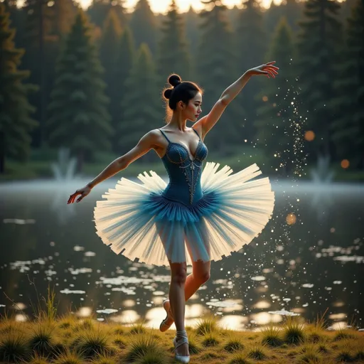 Prompt: Background layer (A cozy, dark evening scene with warm golden and soft apple green tones. A calm, reflective lake under the starry sky, with gentle ripples creating a peaceful atmosphere. Soft lighting, serene, Lo-vibe)(intricate detailed)

Foreground layer(A young and exceptionally beautiful female ballerina(intricate details), adorned in professional water blue tulle ballet costumes, executes intricate ballet movements that involve leaps and rotations in the air on grass field near the lake . Her countenance exudes an abundance of confidence and joy.)(Golden lighting shines from the back of her body shape (intricate details)
This image shows  a vision of ethereal beauty, strength, and harmony 
Ultra realistic artwork, HD, classical Hollywood cinematic style 

