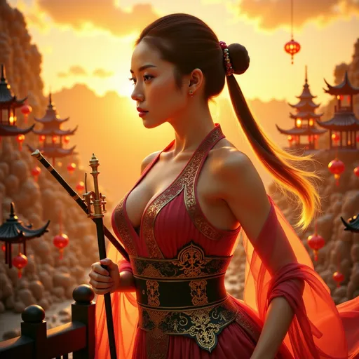 Prompt: In the Tang Dynasty in ancient China, a young, beautiful, strong  muscular and well-proportioned female general stood on the wall in bronze light armor and waved a Chinese grand  knife to resist the enemy. Her eyes were sharp and focused, and the background was on the wall in the suburbs of the sunset. Classical Hollywood cinematic style, soft and warm golden lighting, ultra realistic images. 8k, HDR, Full HD, Ultra detailed. Mythical legend 

