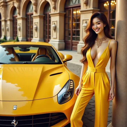 Prompt: A Ferrari 499 Stradale in silky yellow color with ultra detailed parked near a luxurious baroque palace with a 20-year-old girl smiling , wearing jumpsuit in silky yellow, and wearing  a Shimmering in gold royal ruby necklace around her neck(intricate details),  stood casually, leaning softly against the car.
adorned with rich fabrics and intricate details, ambient lighting that enhances the elegance, soft golden tones, an aura of grandeur and sophistication, (highly detailed, ultra-detailed, 4K resolution). Full car view, full car shot






