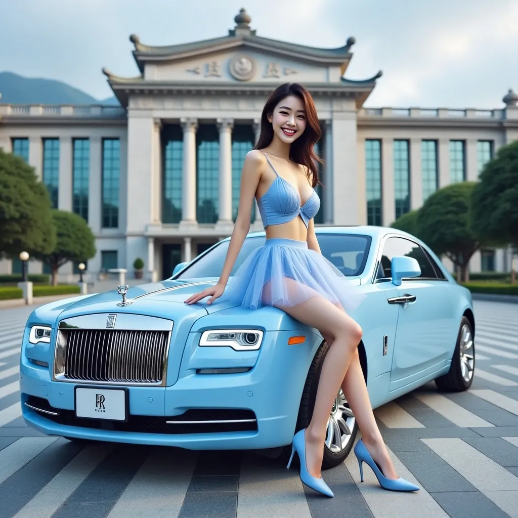 Prompt: A sky blue Rolls-Royce Boat Tail parking the car in front of the Presidential Office Building in Taiwan with a lady(19-year-old Taiwanese girl with a playful smile, standing at 168 cm tall, with measurements of 120 cm, 62 cm, and 98 cm.

Wearing  fitted sky blue silk tulle Crop top with deep V-neck to waist paired with  fitted sky blue miniskirt  and sky blue pumps). Seated on the edge of the car’s hood or the engine cover, with one leg naturally bent and the other lightly extended downward, creating a relaxed and effortless vibe. Full car, highly detailed, intricate, beautiful superher style, magic powers, illusions, outdoor landscape, highly realistic woman, high fantasy background, elegant, mythical, surreal lighting, majestic, goddesslike aura, Annie Leibovitz style