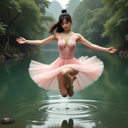 Prompt: (Full-body front view) (ultra-detailed) A young dancer , AI-defined, exquisitely beautiful, and well-proportioned figure and ample chest development Chinese woman is depicted wearing a ultra thin tailored slim V-neck cut, pink tulle cheongsam in short edition. She leaps gracefully into the air above the water of a beautiful lake with apple green water color , her body exuding both power and elegance as she stretch her legs into a perfectly straight line, embodying the harmony of strength and beauty.
(ultra detailed). Classical Hollywood cinematic style, soft and warm lighting in the dark.Ultra realistic images.full HD
 