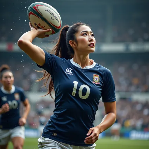 Prompt: In an international rugby game, a female player in navy blue uniform with a back number 10, with a beautiful face and a tall and strong muscular body(gorgeously detailed facial features), held the rugby in her hand high and prepared to pass out.
splash art, hyper detailed, ultra realistic, highly detailed, surreal heavy mist,
Perfect studio lighting, perfect shading, impeccable contrast, HDR, UHD, high res, 64k
