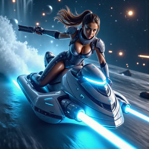 Prompt: (hyper realistic photo)A fearless beautiful female space ranger clad in high-tech armored suit with glowing neon accents, races through the vast expanse of space on a sleek, futuristic space jet ski with 2 lighting machinegun at two sides. The ski's aerodynamic design features thrusters emitting a bright blue plasma trail as she skillfully navigates through asteroid fields and interstellar debris. Her determined gaze is locked onto a notorious fugitive speeding ahead, a rogue outlaw piloting a heavily modified spacecraft. Distant galaxies, swirling nebulas, and glowing celestial bodies form a breathtaking cosmic backdrop, while streaks of laser fire illuminate the chase in a high-stakes pursuit across the stars in the dark cosmos.
Splash art, hyper detailed, ultra realistic, highly detailed. Perfect studio lighting, perfect shading, impeccable contrast, HDR, UHD, high res, 64k