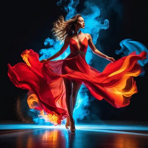 Prompt: 64k , high resolution, surrealism , illustration  , digital painting  , ultra detailed , art photography , bright colors , black background with water blue fire   , a woman dancing in the dark room ,she wears  light red dress dress, glowing necklaces illuminating her neck ) , and a spotlight focused on her face, showing her satisfaction expression.Challenging dynamic dance sequence , full body ,  light red dress dress , the dance makes the dress look more dynamic , dramatic lighting around the woman , close up 