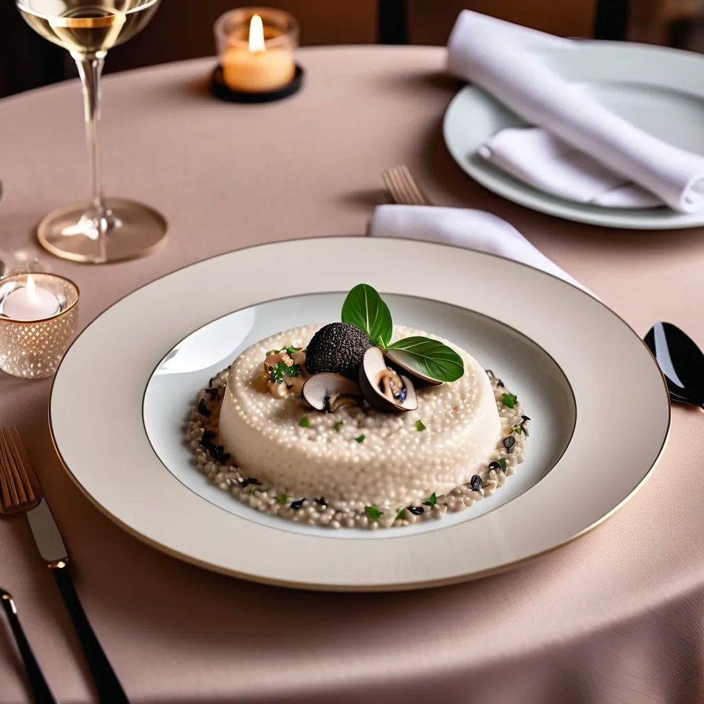 Prompt: A luxurious Michelin 3-star fine dining restaurant with an elegant ambiance. A professionally set dining table with a pristine white tablecloth, polished silverware. The main focus is a beautifully plated vegan truffle wild mushroom risotto, rich in texture, with delicate steam rising, placed perfectly in the foreground. 
