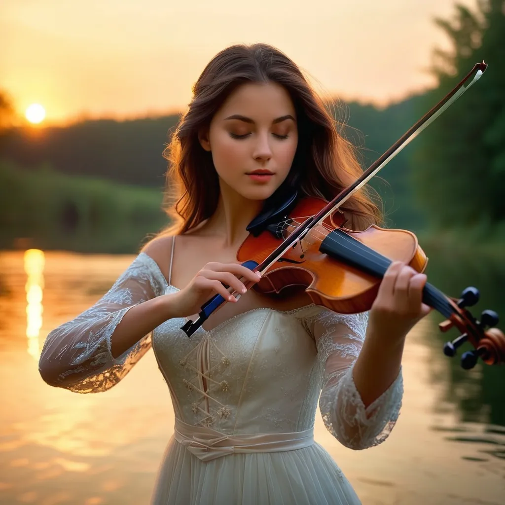 Prompt: A stunningly beautiful woman playing a violin with deep emotion.