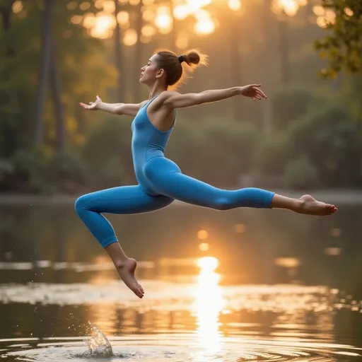 Prompt: (A close up image)A gymnast wearing professional water blue outfits is leaping into the air with both legs fully extended as called “layout jump”and her arms outstretched to maintain balance on the surface of a beautiful lake, ultra-detailed, high quality, harmonious balance.  The golden light rays from the back of her body shape shows the glorious beauty. Classic warming style, soft and warm  lighting (highly detailed, ultra-detailed, 64K resolution) full body view, close up shot