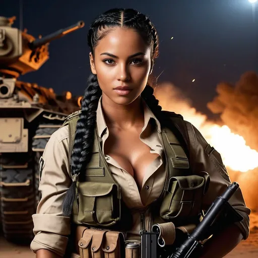 Prompt: (A full body image) The scene is set in the dark of midnight. A female mercenary with Fishtail Braid black hairstyle wearing a Special Forces khaki vest, khaki military pants, and combat boots. She is carrying many equipment, weapons, ammunition. and  a heavy machine gun, fiercely exchanging fire with the enemy. The scene is set in a Middle Eastern desert at dark night, backdrop are bunch of ruin tanks, vehicles with explosions lighting up the sky. Her eyes are determined and fierce, showcasing immense bravery. And she raised the machine gun and showed a focused look as if she was about to pull the trigger at any time. The image should have cinematic lighting effects and dynamic motion.
Splash Art, hyper intricate details, professional studio cinematic lighting,
hyper dynamic motion effect, high res, 8K,