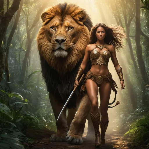 Prompt: In the Amazon jungle, a young, beautiful, girl with a stunning strong muscular figure(intricately detailed)and strong chest rides on the back of a giant lion. She is dressed in a primitive, form-fitting short leather outfit and holds a spear in her hand. The lion runs swiftly, with golden light streaming through the forest, creating an atmosphere full of mystery and legend.
fine detailed drawing, professional photo, HDR, UltraHD, a lot of details, pixel study, 3D, detail, photorealism, majestic, stunning, elegant, brillant, sumptuous, magnificent, Olympian, effulgent, refulgent, fantasy, lovely, epic, fairy, long hair, mystic
