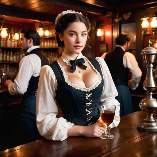 Prompt: A lively 1850s English tavern scene. A confident and charismatic female bartender, dressed in period-accurate Victorian attire with a corset, blouse, and long skirt, stands triumphantly behind the bar after an intense drinking contest. Around her, several burly men, dressed in 1850s working-class clothing with waistcoats, suspenders, and flat caps, are slumped over tables, completely drunk and unconscious