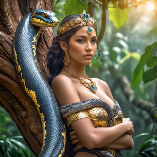 Prompt: A young, beautiful and graceful jungle princess stands on a big tree in the jungle. A thousand-year-old python is wrapped around her to protect her. The princess looks very majestic.

hyper realistic photo, professional photo, HDR, UltraHD, a lot of details, pixel study, 3D, detail, photorealism, majestic, stunning, elegant, brilliant, sumptuous, magnificent, effulgent, refulgent, fantasy, epic, mystic, full body view, classical and warm lighting style and cinematic art