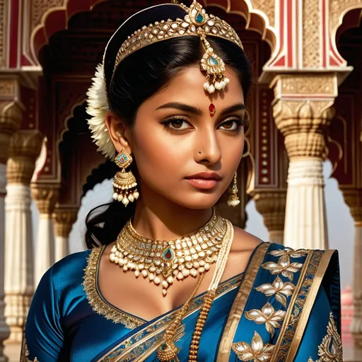 Prompt: In 1670's a beautiful Indian queen standing majestically in front of the Taj Mahal, wearing an opulent and elaborate traditional Indian royal dress adorned with intricate gold embroidery and sparkling jewels. She exudes grace and power, with a serene yet commanding expression that captures the admiration of the gathered crowd. The scene is composed with expert artistry, featuring dramatic lighting that highlights the rich textures of her attire and the architectural beauty of the Taj Mahal. The composition should feel like a professional artistic photograph, with meticulous attention to details in posture, facial expression, and the interplay of light and shadow, creating an atmosphere of regal elegance and reverence.