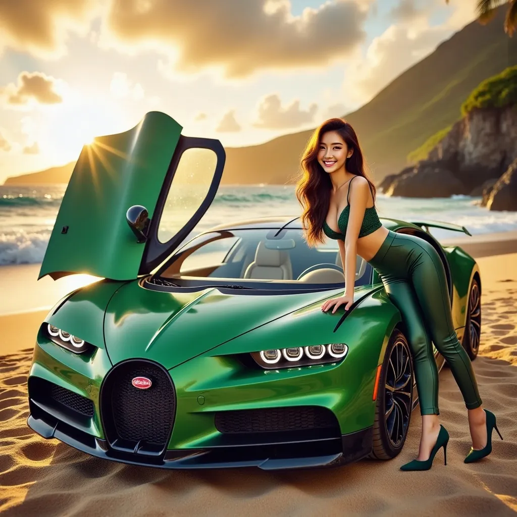 Prompt: A Bugatti Chiron(Emerald Green by Rolls-Royce) with doors opened of two sides . Stopping along a Hawaiian beach during a breathtaking sunset with a girl smiled , wearing emerald green V-neck leather Crop top paired with emerald green leather leggings and emerald green pumps). stood casually, leaning softly against the car.
adorned with rich fabrics and intricate details, ambient lighting that enhances the elegance, soft golden tones, an aura of grandeur and sophistication, (highly detailed, ultra-detailed, 4K resolution). Full car view, full car shot


