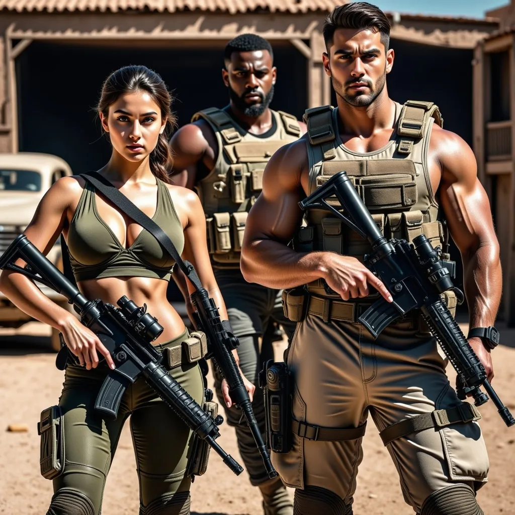 Prompt: In a desert fortress, three elite mercenaries prepare for an intense battle. Their eyes are sharp and tense, their postures are battle-ready, The scene exudes a sense of imminent bloodshed, with a dramatic Hollywood action movie atmosphere—high contrast lighting, cinematic composition, and a sense of explosive tension. 