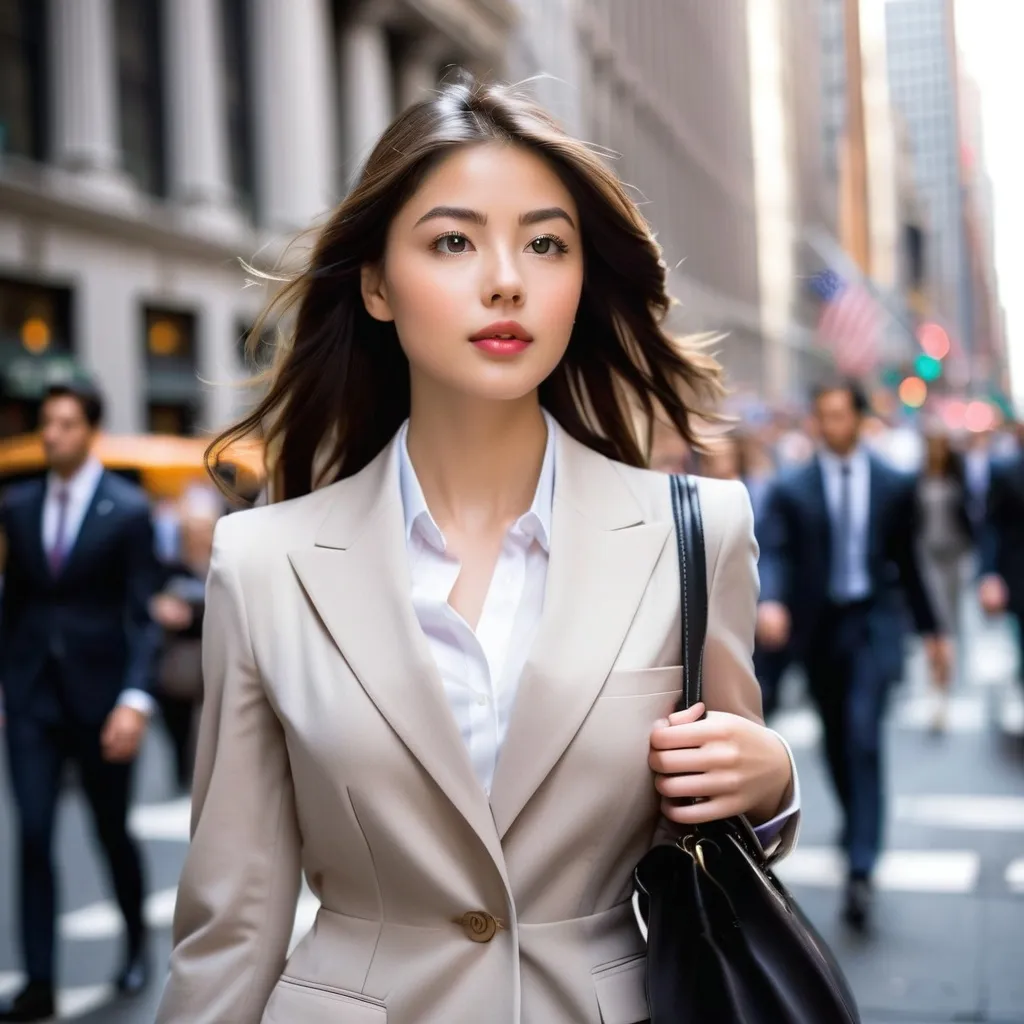 Prompt: A strong muscular modern queen in a business empire walking through a financial district during rush hour, focused and graceful”
