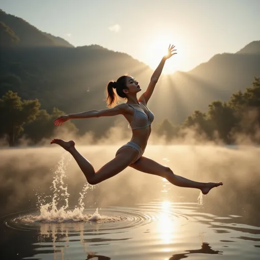 Prompt: (A close up image)A gymnast is leaping into the air with both legs fully extended and her arms outstretched to maintain balance on the surface of a beautiful lake, ultra-detailed, high quality, harmonious balance.  The golden light rays from the back of her body shape shows the glorious beauty. Classic warming style, soft and warm  lighting (highly detailed, ultra-detailed, 64K resolution) full body view, close up shot