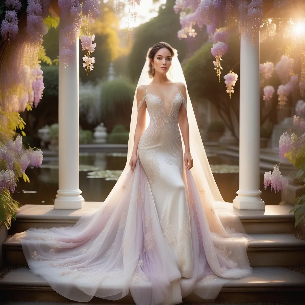 Prompt: A stunningly beautiful woman standing gracefully in a surreal, dreamlike wedding setting.