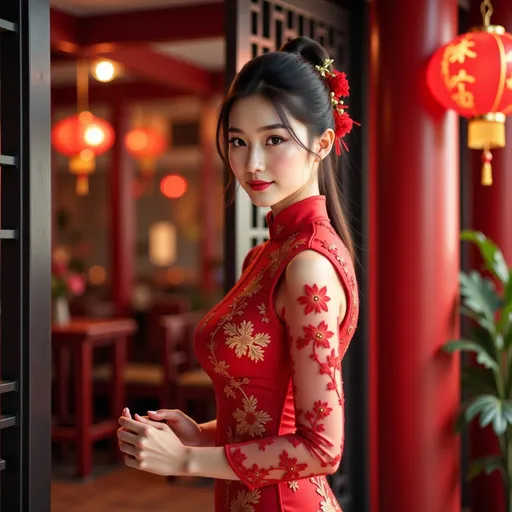 Prompt: 
（A close-up full body image)The scene unfolds at the grand entrance of a traditional Chinese mansion, adorned with festive spring couplets. A young, beautiful, and elegant woman, the lady of the house, stands gracefully at the doorway. She is dressed in a stunning red, sheer lace cheongsam, exuding charm and sophistication. With her hands clasped in a traditional gesture of greeting, she warmly wishes passersby a joyous New Year.
hyper realistic photo, professional photo, HDR, UltraHD, a lot of details, pixel study, 3D, detail, photorealism, majestic, stunning, elegant, brilliant, sumptuous, magnificent, effulgent, refulgent, fantasy, epic, mystic, full body view, classical and warm lighting style and cinematic art
