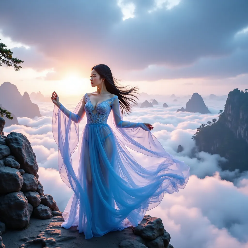 Prompt: (A fairy tale style)A mystical scene on the mountaintop platform of Huangshan, China, where mist and clouds create an ethereal, otherworldly atmosphere. A fairy-like goddess has black long hair dressed in a delicate water blue sheer chiffon gown adorned with lace is gracefully dancing on the clouds and mists. The enchanting dance, combined with the serene and dreamlike surroundings, creates a sense of romance and timeless beauty, as if the scene is plucked straight from a mythological tale.
Hyper dynamic movement effect
Splash art, hyper detailed, ultra realistic, highly detailed. Perfect studio lighting, perfect shading, impeccable contrast, HDR, UHD, high res, 64k