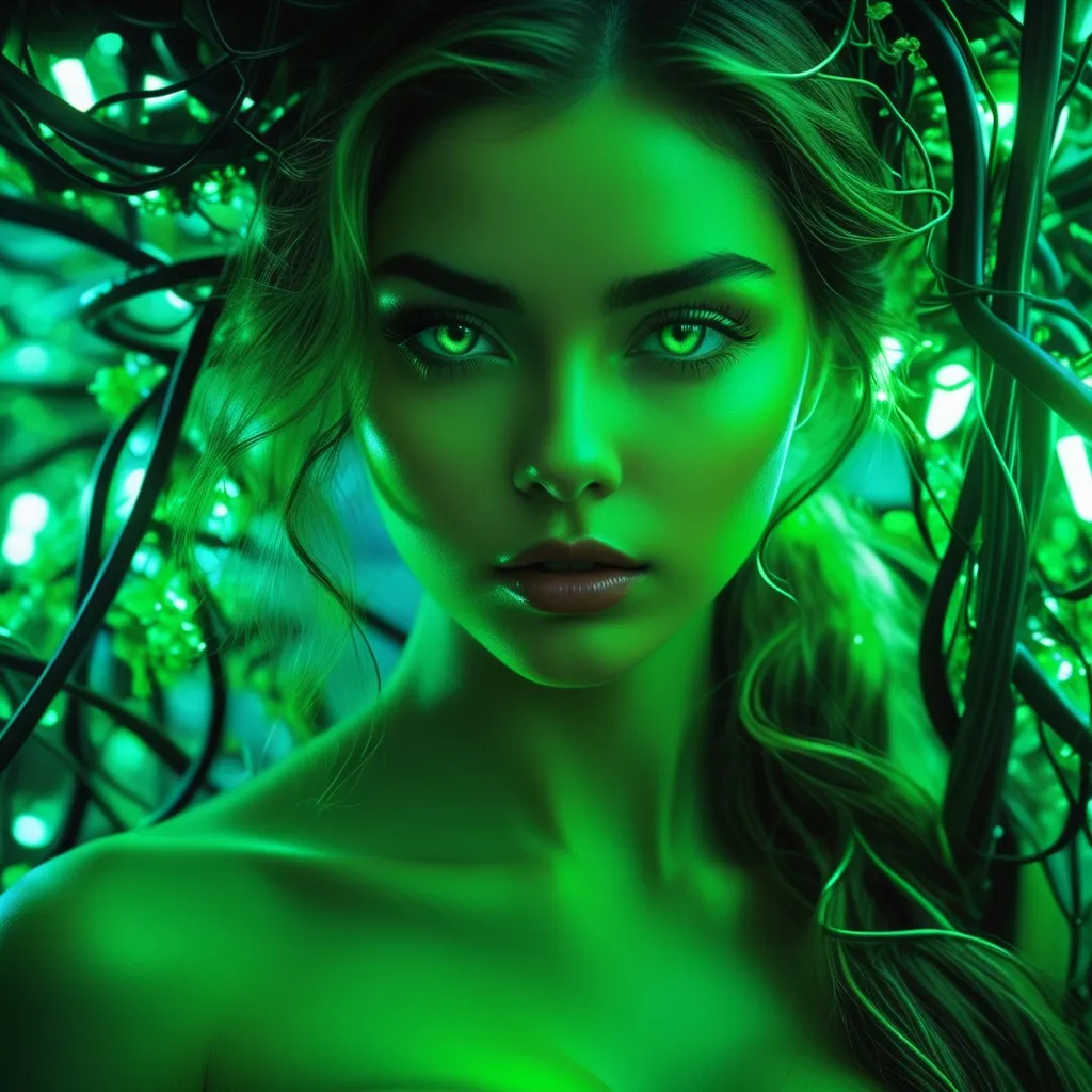 Prompt: A Poison Ivy-like character stands in a commanding pose, her long, flowing hair merging with the vines as they crush and entangle the metallic structures