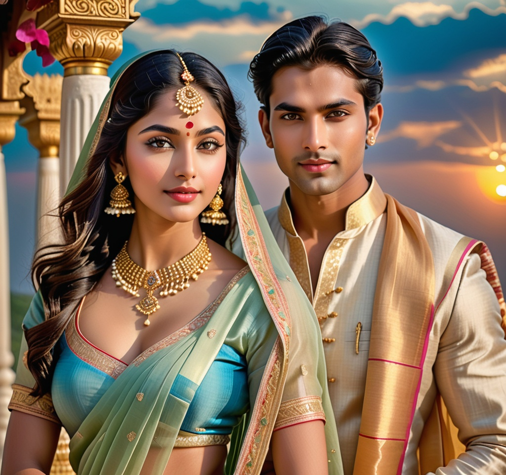 Prompt: A divine couple walking gracefully on the clouds, inspired by the Bhagavad Gita and Indian mythology.