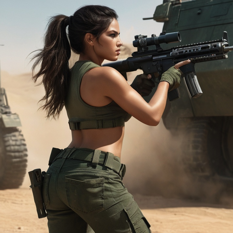 Prompt: Digital concept art, close up, side shot. A young, stunningly beautiful female mercenary with a strong, well-proportioned, and powerful physique(dressed in a dark green crop top paired with deep green jeans and a pair of military boots.) A mercenary in a sandbag-reinforced bunker sets up a heavy machine gun, fiercely firing at three tanks in front.The background is in the desert of yellow sand. Cautious face, full alert, depressing ambience, cloudy skies, intricate details, detailed face, detailed armor, delicate hair, detailed eyes, contrast shadow, dramatic lighting, hi res, UHD, 8K, 85mm lens, Sony A7R, bokeh. Warm lighting,  cinematic style
