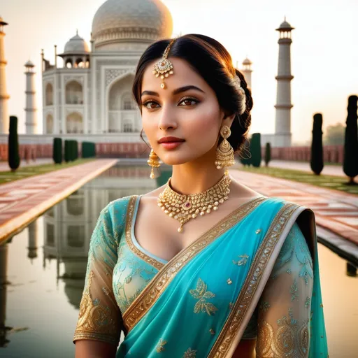 Prompt: A breathtakingly elegant  Indian  princess, draped in a richly embroidered sari of Turquoise and gold, adorned with intricate jewelry that sparkles in the soft morning light.
She stands poised and dignified before the majestic Taj Mahal.