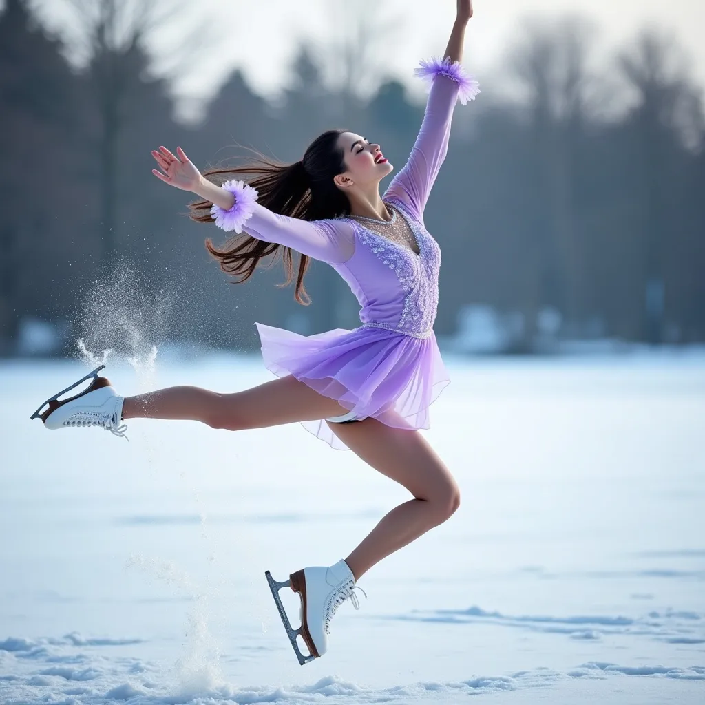 Prompt: （Full body image)A young and beautiful female figure skater(gorgeously detailed facial features), dressed in professional light purple attire, performing a double spin jump on a frozen lake. Her face radiates joy and satisfaction, as if she is very pleased with her performance.

splash art, hyper detailed, ultra realistic, highly detailed, surreal heavy mist,
 
Perfect studio lighting, perfect shading, impeccable contrast, HDR, UHD, high res, 64k  
