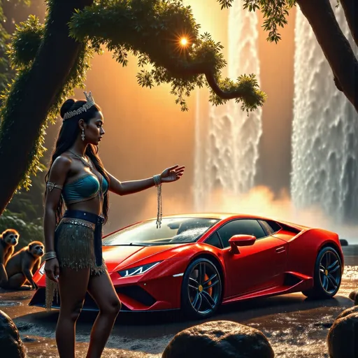 Prompt: A bright apple-red Lamborghini Sián FKP 37 is parked beside a majestic jungle waterfall in the prehistoric era, surrounded by dense, untamed wilderness bathed in golden mist. Ethereal beams of sunlight filter through the ancient trees, casting a mystical glow over the scene. A young and beautiful tribal princess, adorned in delicate, nature-inspired attire with shimmering ornaments, reaches out to touch the car with wide eyes filled with wonder, surprise, and curiosity. She gazes at the futuristic machine as if it were a mythical creature, unsure if it is a gift from the gods or a spirit from another world. And some jungle monkeys were also with the princess. The atmosphere is dreamlike and romantic, blending the raw beauty of ancient times with the allure of the unknown
 
Splash art, hyper detailed, ultra realistic, highly detailed. Perfect studio lighting, perfect shading, impeccable contrast, HDR, UHD, high res, 64k