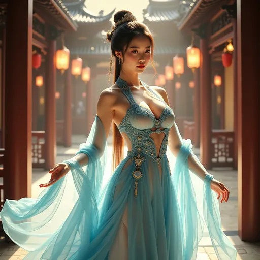 Prompt: A long, long time ago, on a sunny day, a stunningly beautiful Chinese princess (gorgeously detailed facial features)with a graceful figure dancing in the ballroom of a grand Chinese Royal Palace. She was dressed in a gorgeous water blue princess gown, with a set of royal necklaces on her neck, and a crown on her head.
fine detailed drawing, professional photo, HDR, UltraHD, a lot of details, pixel study, 3D, detail, photorealism, majestic, stunning, elegant, brilliant, sumptuous, magnificent, effulgent, refulgent,
, lovely, epic, long hair, mystic, full body view, classical and warm lighting style and cinematic art, portrait view, close up view 
