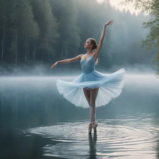 Prompt: A stunningly beautiful woman with a graceful figure, dressed in a light blue sheer of ballet dress , dances lightly in a ballet style (jump-fly-and turn)on the surface of a dreamy lake. Ethereal, romantic light streams through the foggy forest by the lake, creating a cinematic atmosphere, highly detailed, ultra-detailed, UHD 8K resolution, close up shots 

