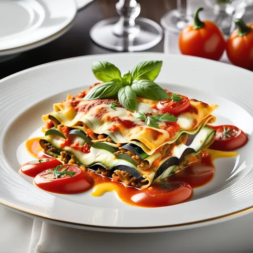 Prompt: a beautifully plated baked vegan lasagna, served on a restaurant table. 