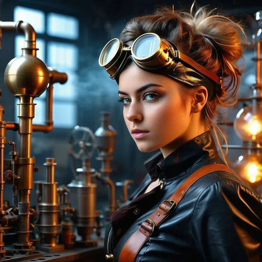 Prompt: A young, beautiful, and mad female chemist conducting a wild experiment in a steampunk laboratory. The scene is filled with intricate brass machinery, gears, steam pipes, and glowing vials of colorful chemicals. 

