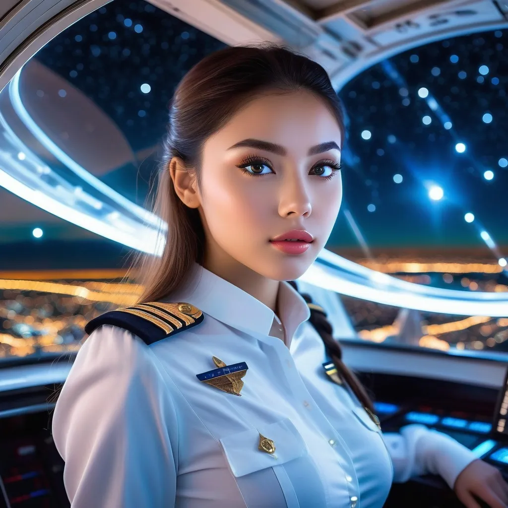 Prompt: A majestic flying patrol cruiser crafted entirely from transparent crystal, floating high above the Earth. The entire structure allows a full panoramic view of the starry outer space and the glowing city lights below. Inside the crystalline command bridge, a beautiful female captain stands alert and focused, scanning the surroundings with determination.