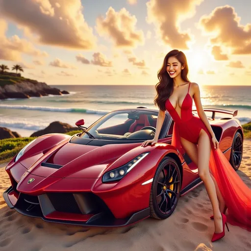 Prompt:   A Lamborghini Veneno Roadster (Candy Apple Red by Koenigsegg). Stopping along a Hawaiian beach during a breathtaking sunset with a lady(19-year-old Taiwanese girl with a playful smile (highly detailed face), standing at 168 cm tall, with measurements of 120 cm, 62 cm, and 98 cm.

Wearing  fitted apple red silk tulle Crop top with deep V-neck to waist paired with  fitted apple red miniskirt  and apple red pumps). Sitting on the driver's seat, the door of the driver's seat is open, one foot on the ground, one foot on the car, holding the steering wheel in one hand and leaning on the door with the other hand. Ultra-realistic Concept art.
intricate artwork masterpiece, the depth of field kinophoto lens, photography, cinematography, soft bokeh, Ultra-realistic rendering, ultra-thin textures, intricate details, beautifully shot, hyperrealistic, sharp  focus, 64 megapixels, impeccable perfect composition, high contrast, cinematic, atmospheric, moody, 16k UHD, HDR
Full car view